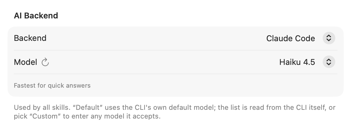Settings → General → AI Backend.