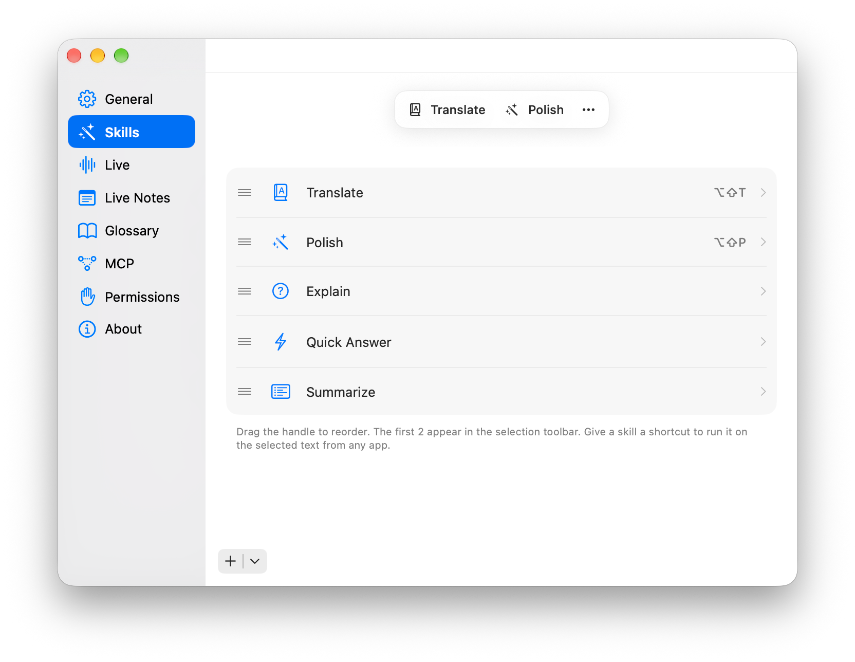 Settings → Skills, with a live preview of the toolbar.